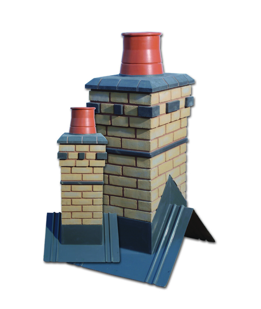 A single flue lightweight beige and grey stone brick chimney